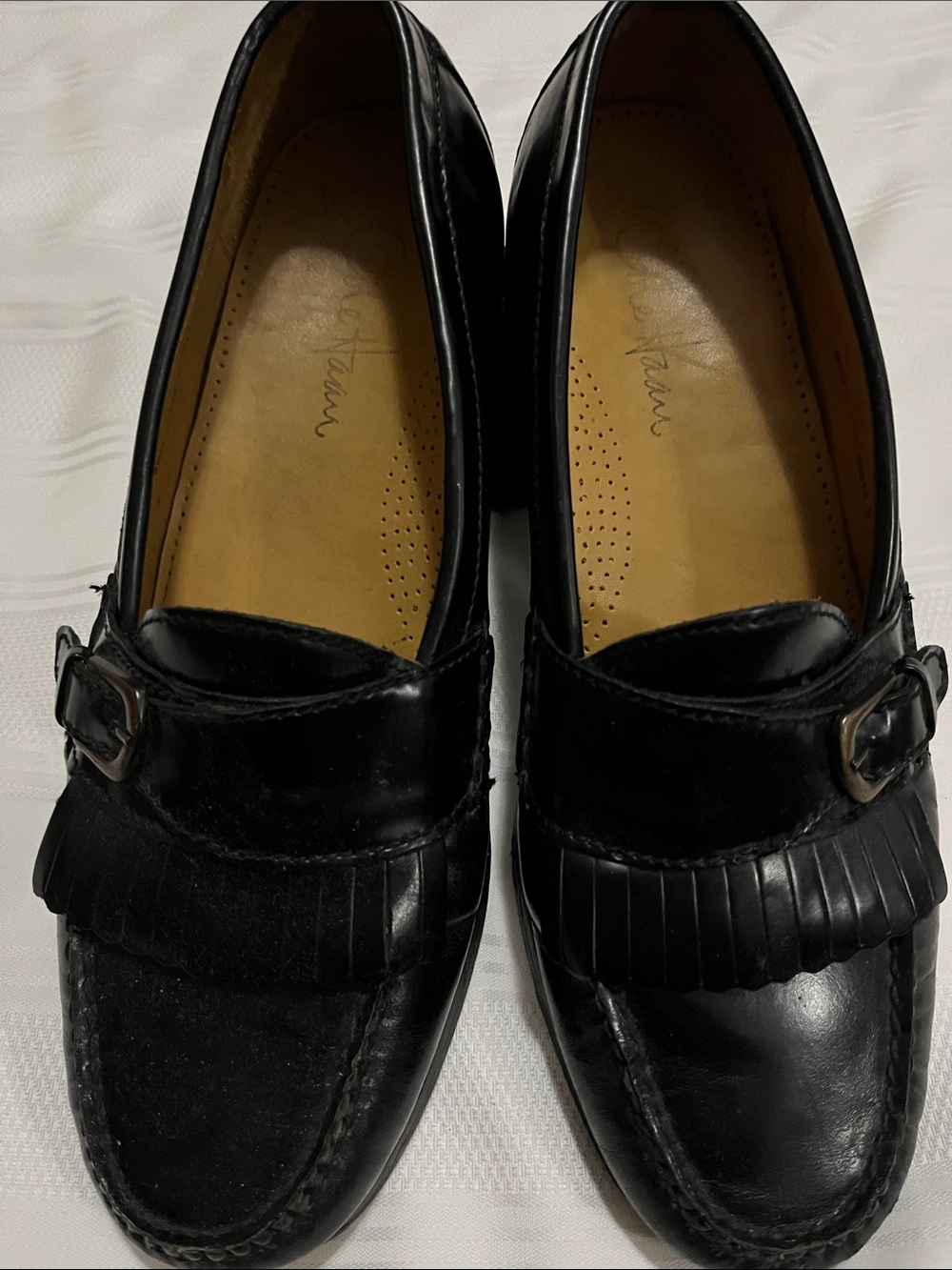Cole Haan Black Leather Kiltie Slip-On Loafers with Buckle